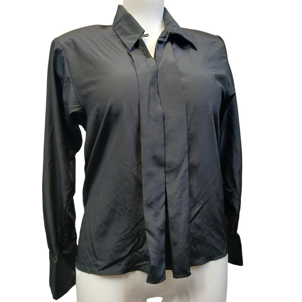 Stefanie Vintage Black Satin Neck Tie Blouse Long Sleeve Womens Size 8P